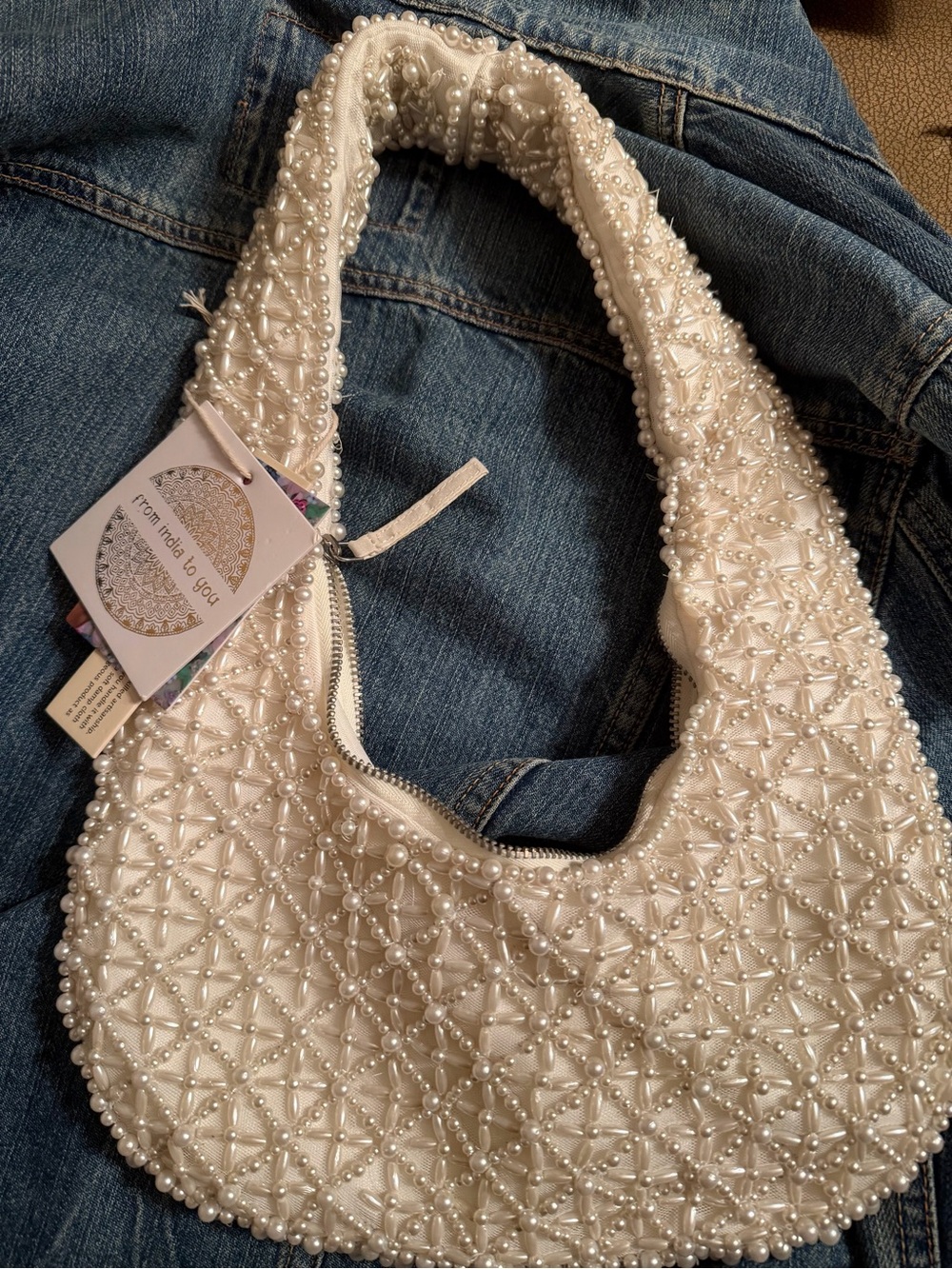 Made in India Beaded Pearl Bag - Creamy white
